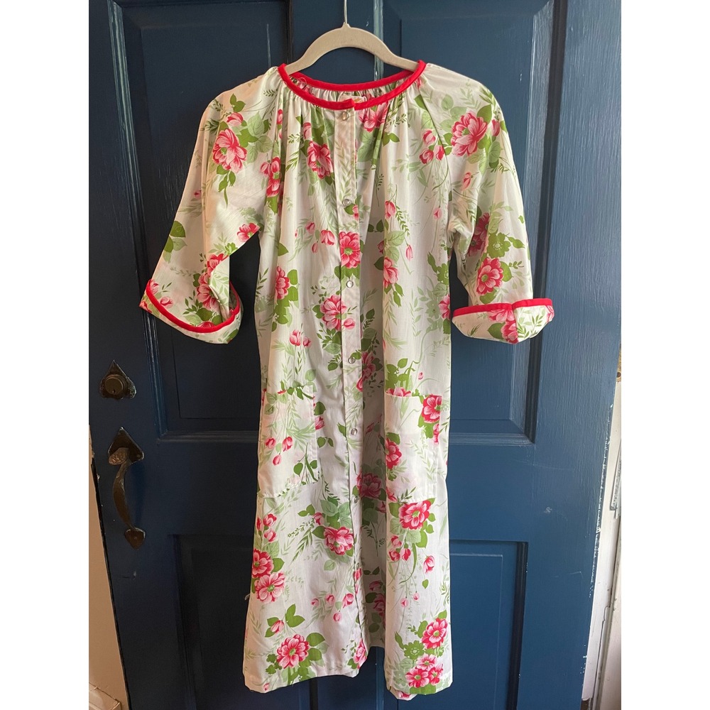 Vintage Katz Housecoat Duster Robe Floral Pink Green White Snap Front